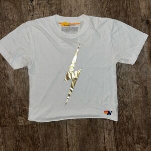 Aviator nation, white tea with gold lightning bolt. Size small